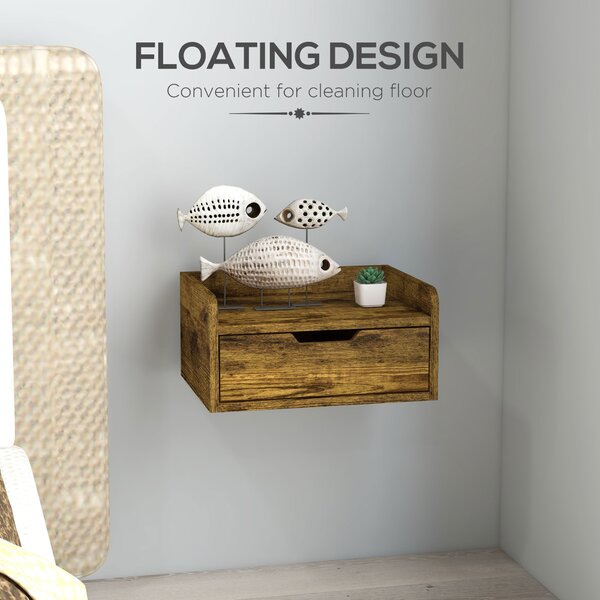 HOMCOM Floating Nightstand Set of 2 Wall Mounted Bedside Table with Storage Drawer for Bedroom, Rustic Brown Aosom UK