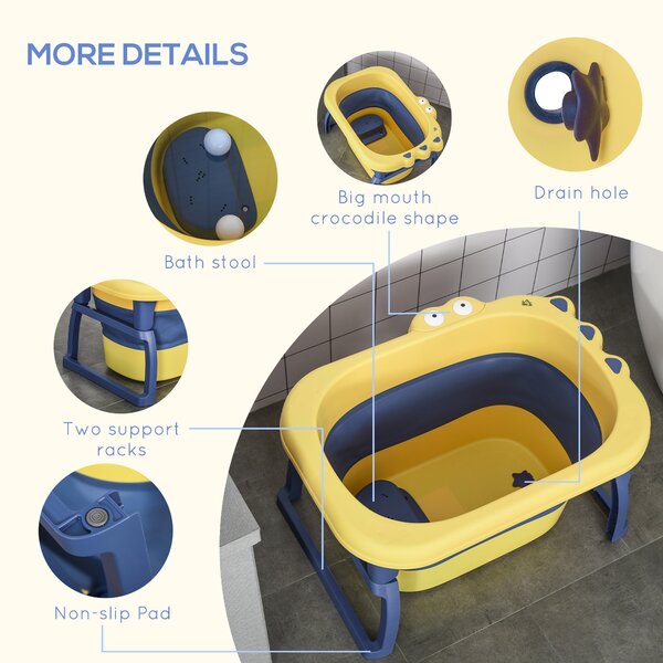 HOMCOM Crocodile Cove: Collapsible Baby Bath with Non-Slip Seat, Portable Design, Sunny Yellow Aosom UK
