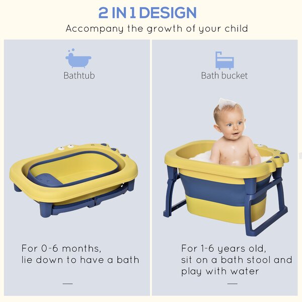 HOMCOM Crocodile Cove: Collapsible Baby Bath with Non-Slip Seat, Portable Design, Sunny Yellow Aosom UK