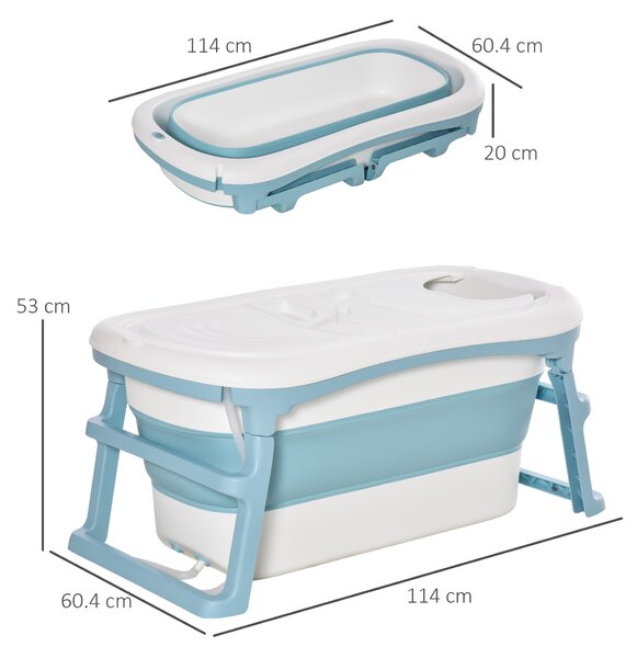 HOMCOM Folding Baby Bath Tub for Toddlers Kids Portable with Non-Slip Pads Top Cover for 1-12 Years Blue