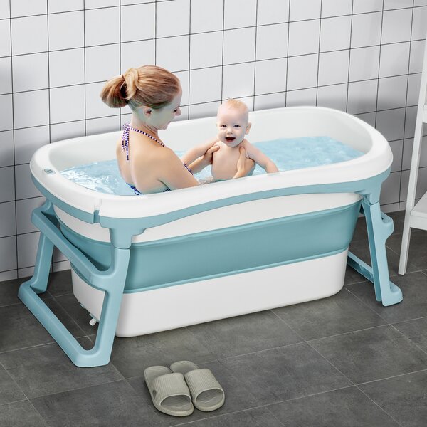 HOMCOM Folding Baby Bath Tub for Toddlers Kids Portable with Non-Slip Pads Top Cover for 1-12 Years Blue