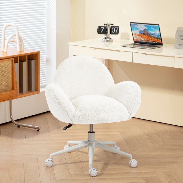 HOMCOM Makeup Vanity Chair, Cute Fluffy Desk Chair with Rolling Wheels for Bedroom Living Room, Cream White Aosom UK