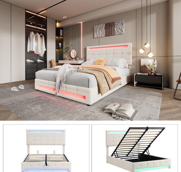 Hydraulic Lift Double Bed Frame with Storage, LED Light, Iron Frame, Upholstered Velvet Fabric Bed with Wood Slats, 199x150x123 cm, Beige Aosom.UK
