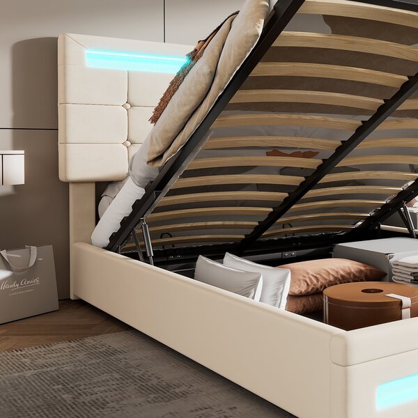 Hydraulic Lift Double Bed Frame with Storage, LED Light, Iron Frame, Upholstered Velvet Fabric Bed with Wood Slats, 199x150x123 cm, Beige Aosom.UK