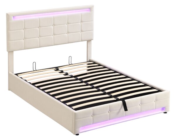 Hydraulic Lift Double Bed Frame with Storage, LED Light, Iron Frame, Upholstered Velvet Fabric Bed with Wood Slats, 199x150x123 cm, Beige Aosom.UK