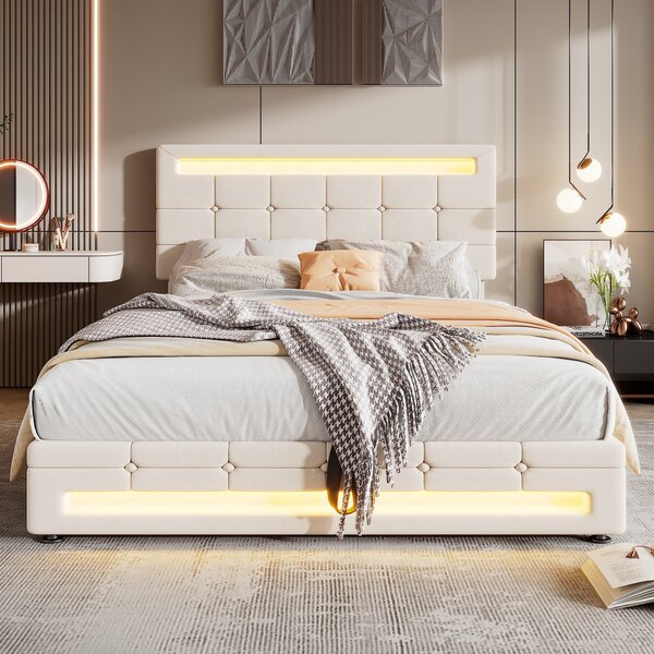 Hydraulic Lift Double Bed Frame with Storage, LED Light, Iron Frame, Upholstered Velvet Fabric Bed with Wood Slats, 199x150x123 cm, Beige Aosom.UK