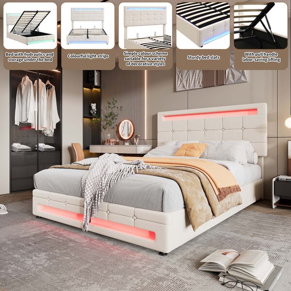 Hydraulic Lift Double Bed Frame with Storage, LED Light, Iron Frame, Upholstered Velvet Fabric Bed with Wood Slats, 199x150x123 cm, Beige Aosom.UK