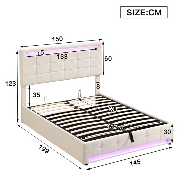 Hydraulic Lift Double Bed Frame with Storage, LED Light, Iron Frame, Upholstered Velvet Fabric Bed with Wood Slats, 199x150x123 cm, Beige Aosom.UK