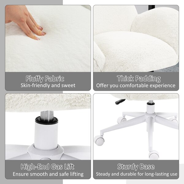 HOMCOM Makeup Vanity Chair, Cute Fluffy Desk Chair with Rolling Wheels for Bedroom Living Room, Cream White Aosom UK