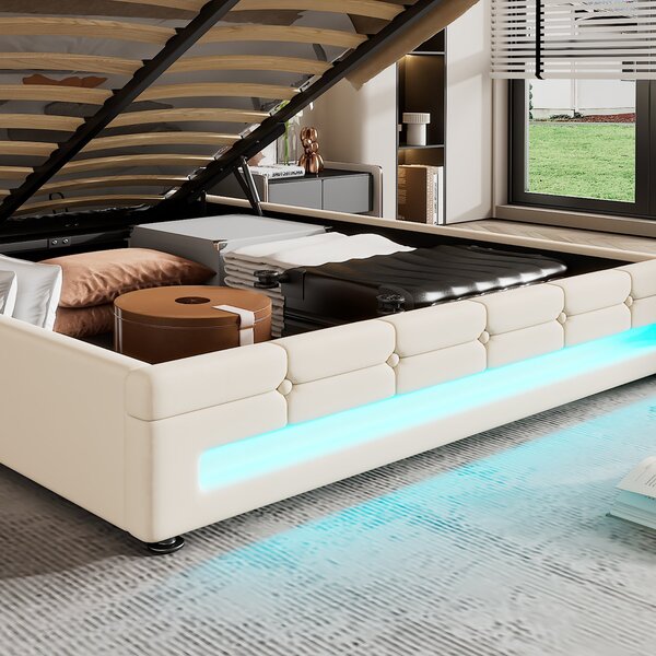 Hydraulic Lift Double Bed Frame with Storage, LED Light, Iron Frame, Upholstered Velvet Fabric Bed with Wood Slats, 199x150x123 cm, Beige Aosom.UK