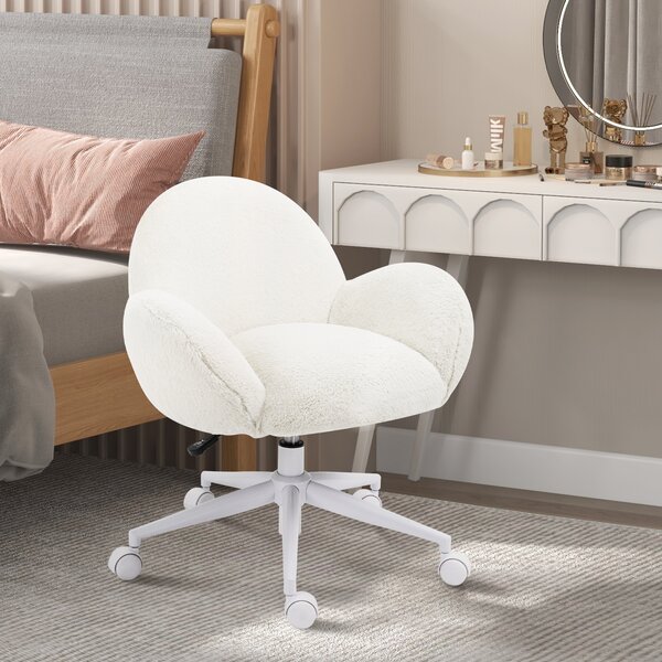 HOMCOM Makeup Vanity Chair, Cute Fluffy Desk Chair with Rolling Wheels for Bedroom Living Room, Cream White Aosom UK