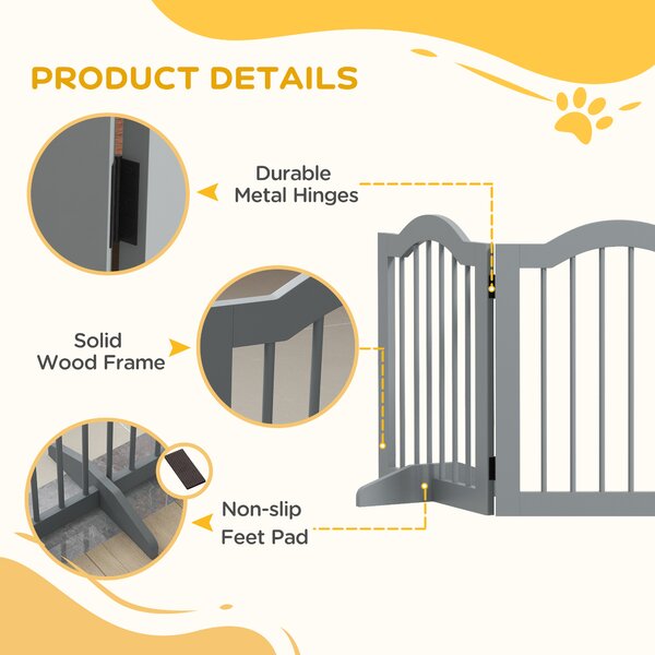 PawHut 3 Panels Dog Gate w/ Support Feet Fence Safety Barrier Freestanding Wood Light Grey Aosom UK
