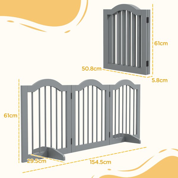 PawHut 3 Panels Dog Gate w/ Support Feet Fence Safety Barrier Freestanding Wood Light Grey Aosom UK