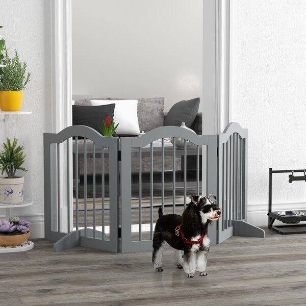 PawHut 3 Panels Dog Gate w/ Support Feet Fence Safety Barrier Freestanding Wood Light Grey Aosom UK