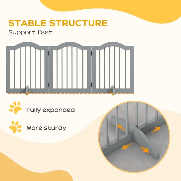 PawHut 3 Panels Dog Gate w/ Support Feet Fence Safety Barrier Freestanding Wood Light Grey Aosom UK