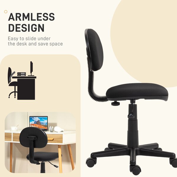 HOMCOM Armless Chair, Compact Office Desk Chair with Adjustable Height and Swivel Wheels for Small Spaces, Black Aosom UK