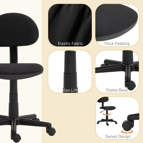 HOMCOM Armless Chair, Compact Office Desk Chair with Adjustable Height and Swivel Wheels for Small Spaces, Black Aosom UK