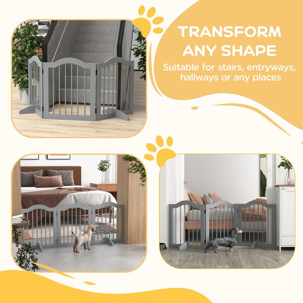 PawHut 3 Panels Dog Gate w/ Support Feet Fence Safety Barrier Freestanding Wood Light Grey Aosom UK