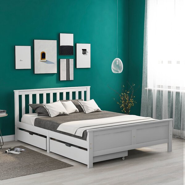Elegant Solid Pine Double Bed Frame with Storage Drawers, Headboard, Footboard, Wooden Single Bed Base for Adults, Kids, 196x146x82 cm, White Aosom UK