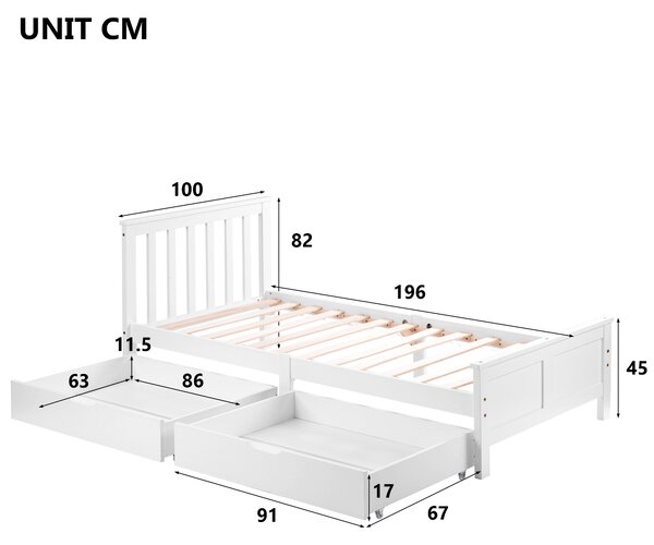 3ft Pine Single Bed with Wooden Frame & under Storage Drawers, Solid Single Bed with Modern Mattress Foundation for Bedrooms, 196x100x82 cm, White Aosom UK