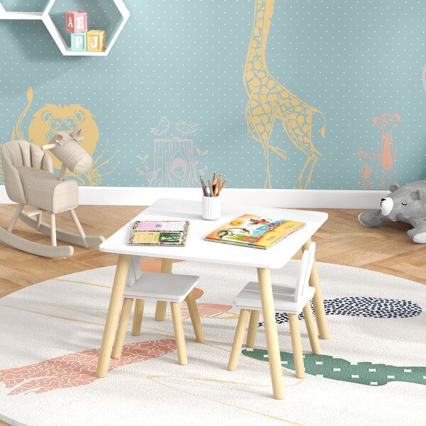 AIYAPLAY 3 Pcs Toddler Table and Chair Set, Kids Desk and 2 Chairs Set w/ Bunny Ear Backrest, for Nursery, Playroom Aosom UK