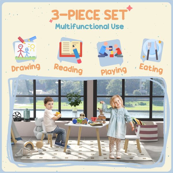 AIYAPLAY 3 Pcs Toddler Table and Chair Set, Kids Desk and 2 Chairs Set w/ Bunny Ear Backrest, for Nursery, Playroom Aosom UK