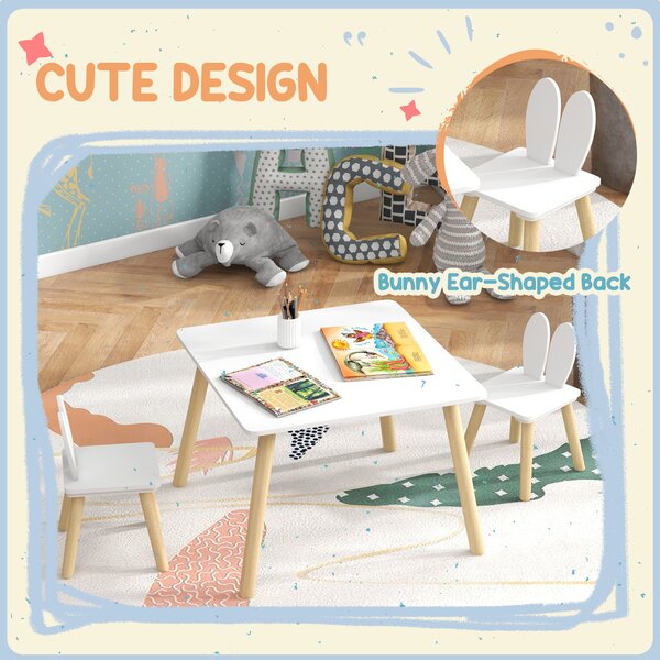 AIYAPLAY 3 Pcs Toddler Table and Chair Set, Kids Desk and 2 Chairs Set w/ Bunny Ear Backrest, for Nursery, Playroom Aosom UK