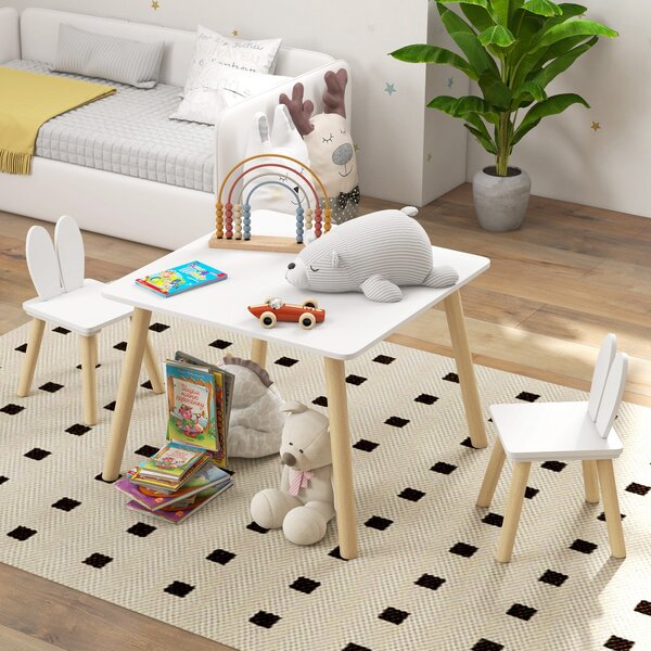 AIYAPLAY 3 Pcs Toddler Table and Chair Set, Kids Desk and 2 Chairs Set w/ Bunny Ear Backrest, for Nursery, Playroom Aosom UK