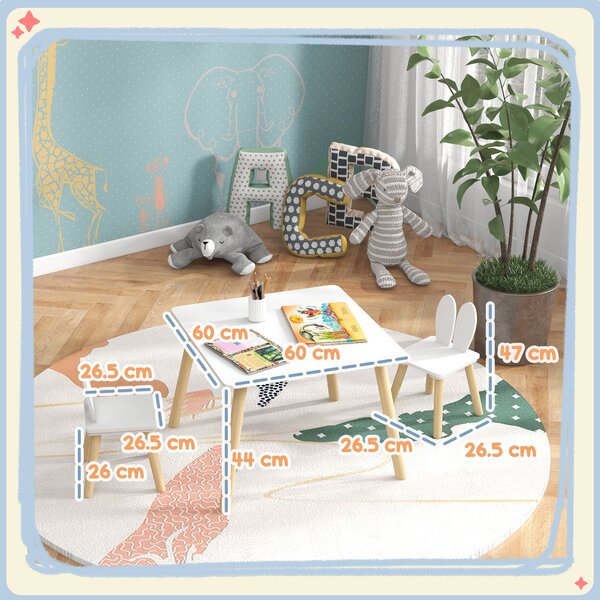 AIYAPLAY 3 Pcs Toddler Table and Chair Set, Kids Desk and 2 Chairs Set w/ Bunny Ear Backrest, for Nursery, Playroom Aosom UK