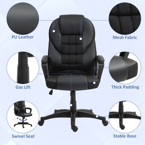 HOMCOM Executive Office Chair, Ergonomic PU Leather Desk Chair with Tilt Function & Height Adjustable, Black Aosom UK