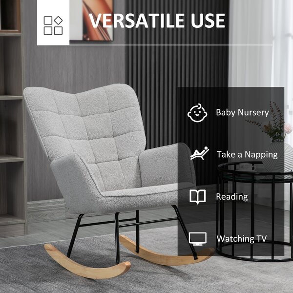 HOMCOM Berber Fleece Nursery Glider Rocker for Nursing, Wingback Rocking Chair for Living Room, Light Grey Aosom UK