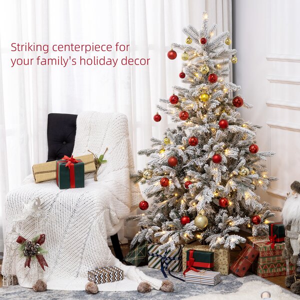 HOMCOM 5ft Prelit Snow Flocked Artificial Christmas Tree with Warm White LED Light and 931 Tips, Metal Base, Snowy Realistic Xmas Tree Aosom UK