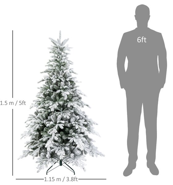 HOMCOM 5ft Prelit Snow Flocked Artificial Christmas Tree with Warm White LED Light and 931 Tips, Metal Base, Snowy Realistic Xmas Tree Aosom UK