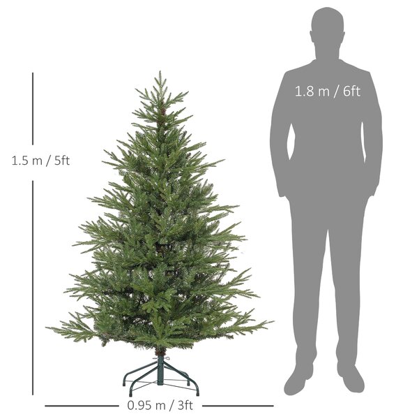 HOMCOM 5ft Artificial Christmas Tree with 1724 Tips, Metal Base, Realistic Hinged Xmas Tree, Easy to Assemble, Green Aosom UK