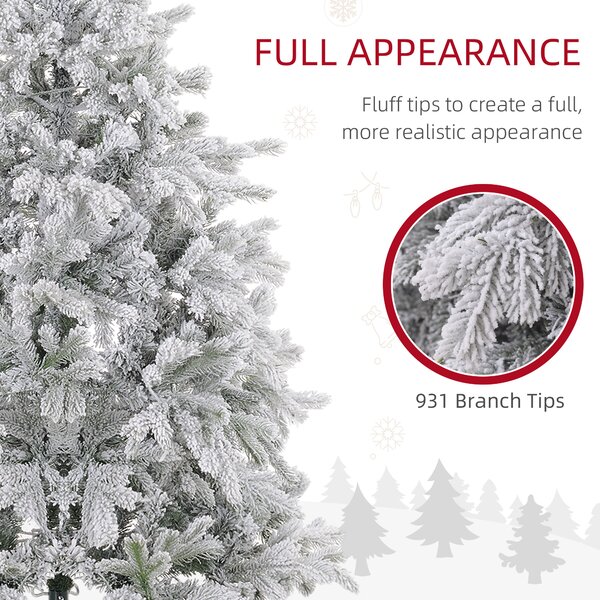 HOMCOM 5ft Prelit Snow Flocked Artificial Christmas Tree with Warm White LED Light and 931 Tips, Metal Base, Snowy Realistic Xmas Tree Aosom UK