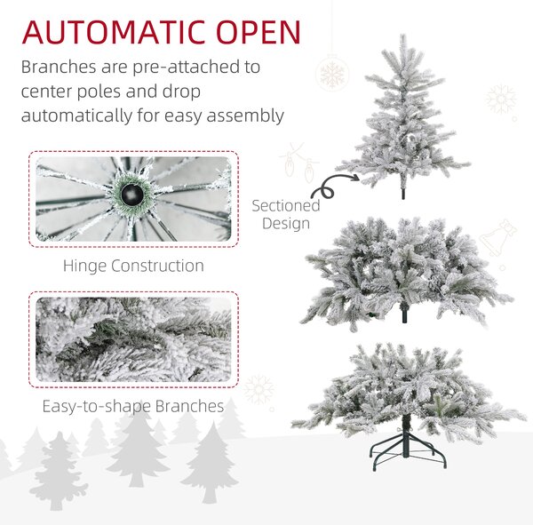 HOMCOM 5ft Prelit Snow Flocked Artificial Christmas Tree with Warm White LED Light and 931 Tips, Metal Base, Snowy Realistic Xmas Tree Aosom UK