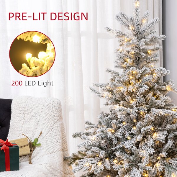 HOMCOM 5ft Prelit Snow Flocked Artificial Christmas Tree with Warm White LED Light and 931 Tips, Metal Base, Snowy Realistic Xmas Tree Aosom UK