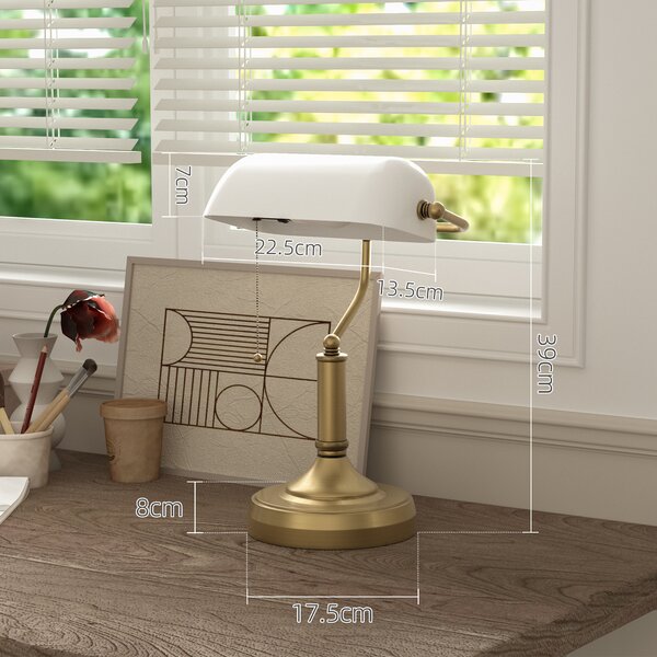 HOMCOM Banker's Desk Lamp with Antique Bronze Tone Base, Table Lamp with White Glass Shade for Home Office, White Aosom UK
