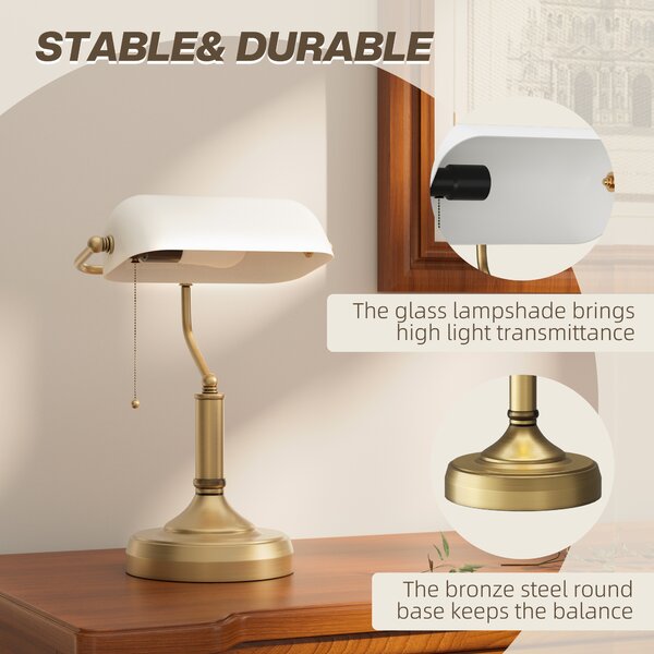 HOMCOM Banker's Desk Lamp with Antique Bronze Tone Base, Table Lamp with White Glass Shade for Home Office, White Aosom UK