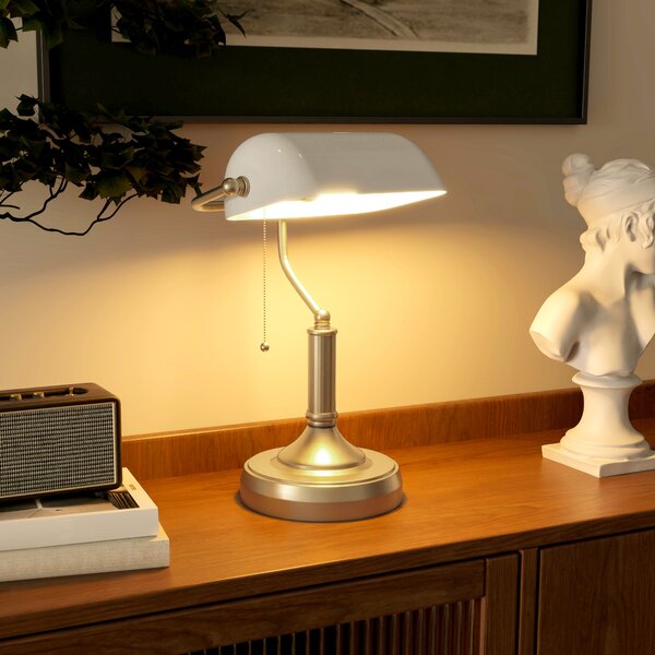 HOMCOM Banker's Desk Lamp with Antique Bronze Tone Base, Table Lamp with White Glass Shade for Home Office, White Aosom UK