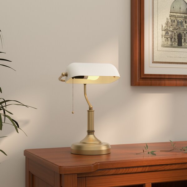 HOMCOM Banker's Desk Lamp with Antique Bronze Tone Base, Table Lamp with White Glass Shade for Home Office, White Aosom UK