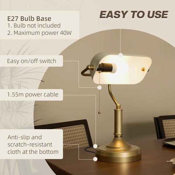 HOMCOM Banker's Desk Lamp with Antique Bronze Tone Base, Table Lamp with White Glass Shade for Home Office, White Aosom UK