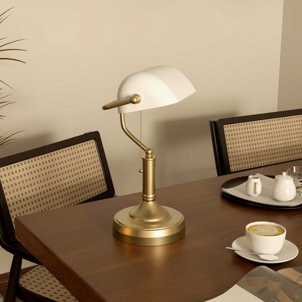 HOMCOM Banker's Desk Lamp with Antique Bronze Tone Base, Table Lamp with White Glass Shade for Home Office, White Aosom UK
