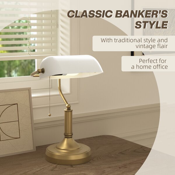 HOMCOM Banker's Desk Lamp with Antique Bronze Tone Base, Table Lamp with White Glass Shade for Home Office, White Aosom UK