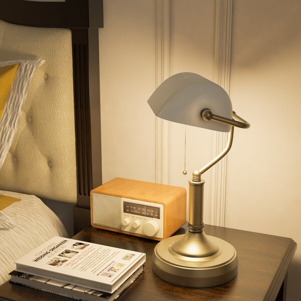 HOMCOM Banker's Desk Lamp with Antique Bronze Tone Base, Table Lamp with White Glass Shade for Home Office, White Aosom UK