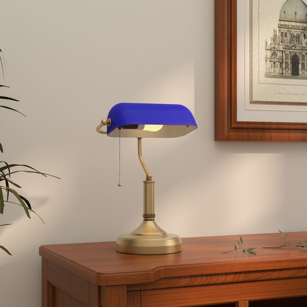 HOMCOM Banker's Desk Lamp with Antique Bronze Tone Base, Table Lamp with Blue Glass Shade for Home Office, Blue Aosom UK