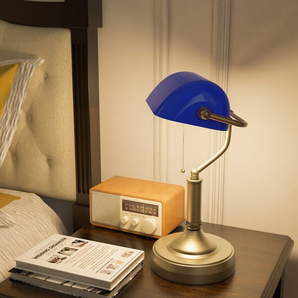 HOMCOM Banker's Desk Lamp with Antique Bronze Tone Base, Table Lamp with Blue Glass Shade for Home Office, Blue Aosom UK