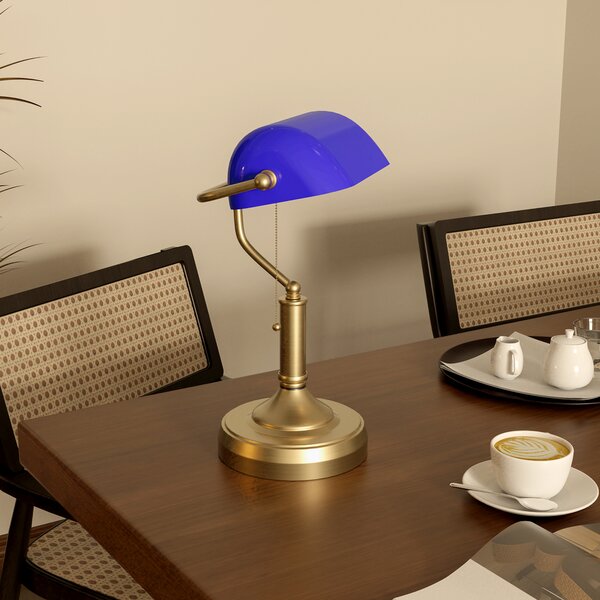HOMCOM Banker's Desk Lamp with Antique Bronze Tone Base, Table Lamp with Blue Glass Shade for Home Office, Blue Aosom UK