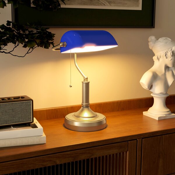 HOMCOM Banker's Desk Lamp with Antique Bronze Tone Base, Table Lamp with Blue Glass Shade for Home Office, Blue Aosom UK
