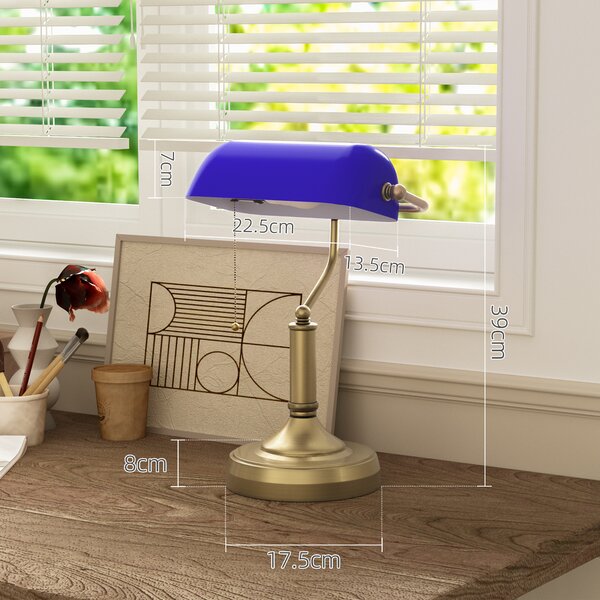 HOMCOM Banker's Desk Lamp with Antique Bronze Tone Base, Table Lamp with Blue Glass Shade for Home Office, Blue Aosom UK